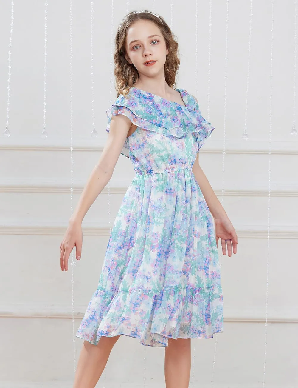 GRACE KARIN Girls Summer Dress One Shoulder Ruffle Sleeve Midi Casual Sundress