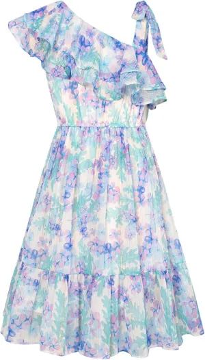 GRACE KARIN Girls Summer Dress One Shoulder Ruffle Sleeve Midi Casual Sundress