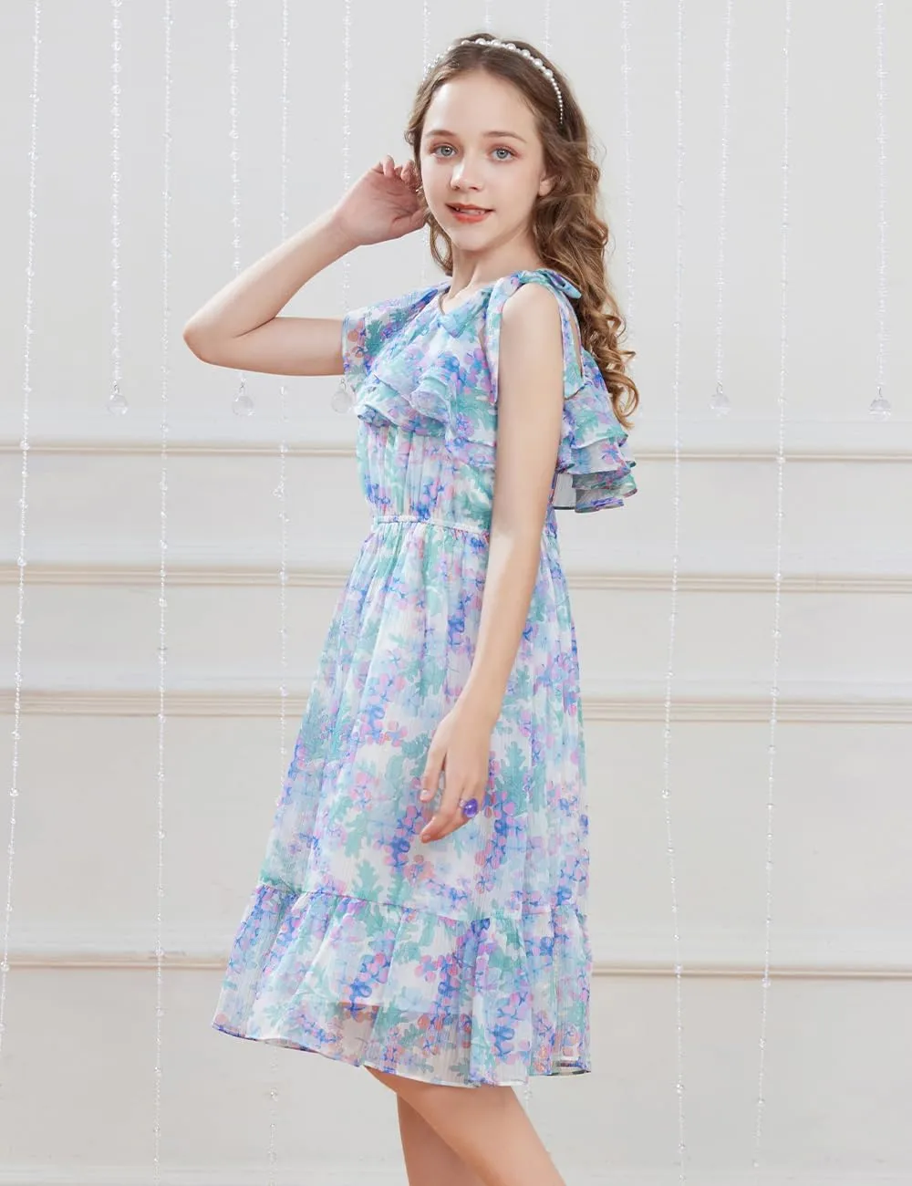 GRACE KARIN Girls Summer Dress One Shoulder Ruffle Sleeve Midi Casual Sundress