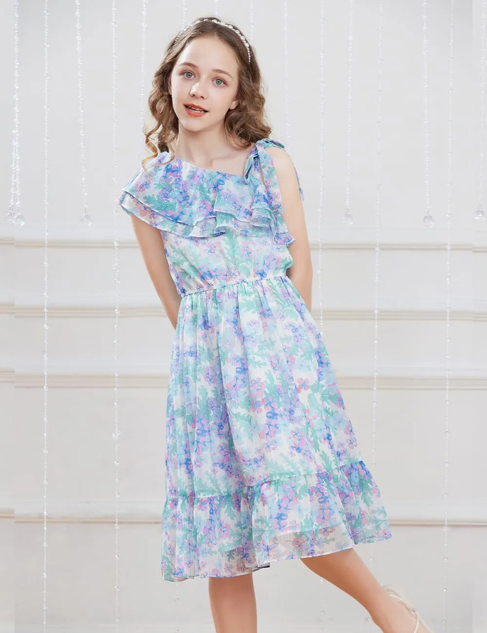 GRACE KARIN Girls Summer Dress One Shoulder Ruffle Sleeve Midi Casual Sundress