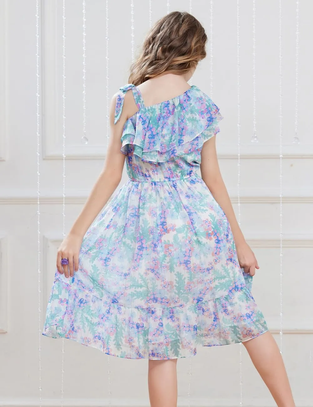 GRACE KARIN Girls Summer Dress One Shoulder Ruffle Sleeve Midi Casual Sundress