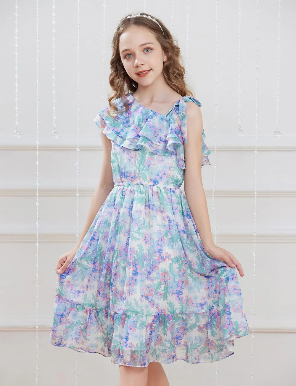 GRACE KARIN Girls Summer Dress One Shoulder Ruffle Sleeve Midi Casual Sundress