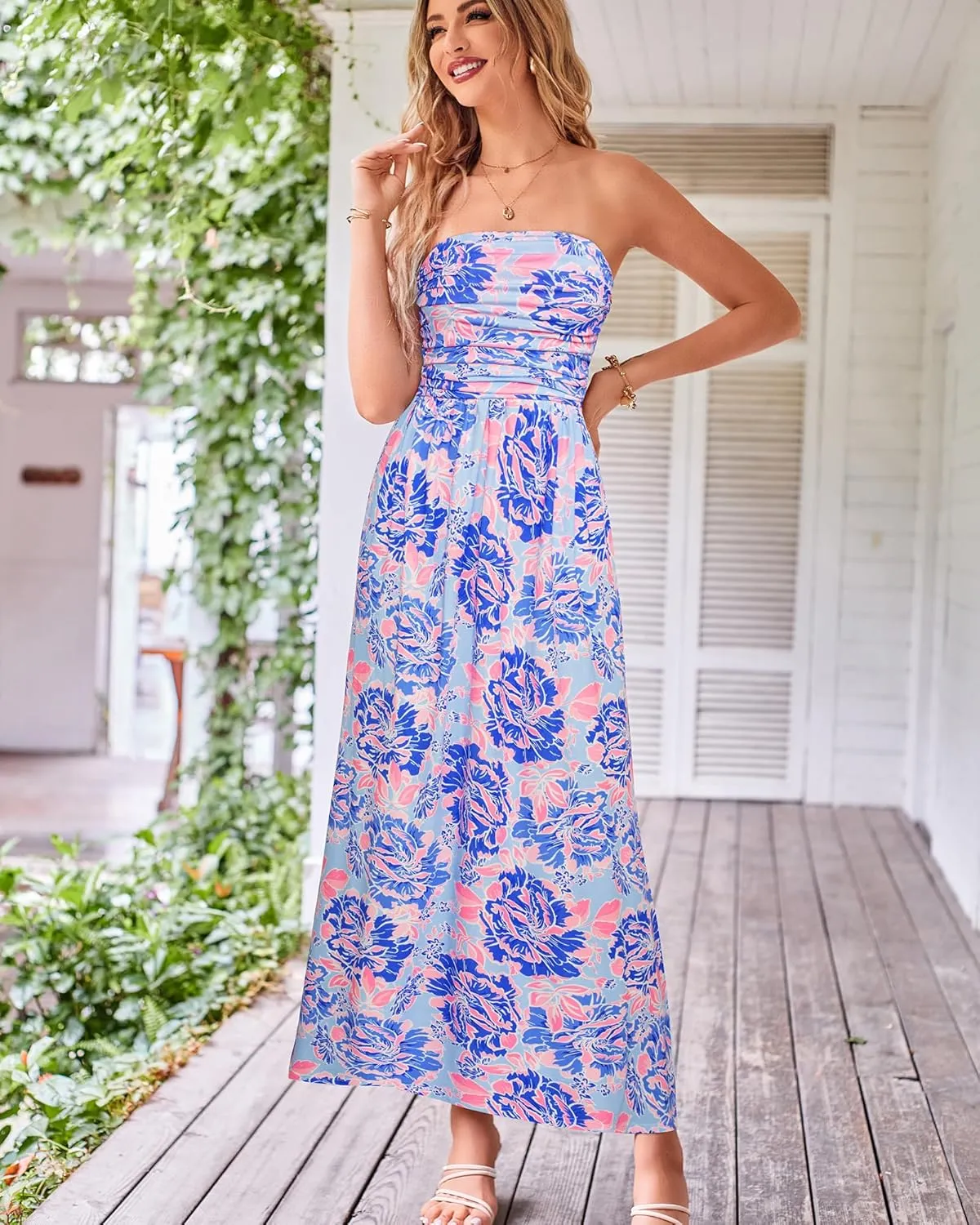 GRACE KARIN Women Strapless Casual Loose Ruched Long Maxi Dress with Pockets