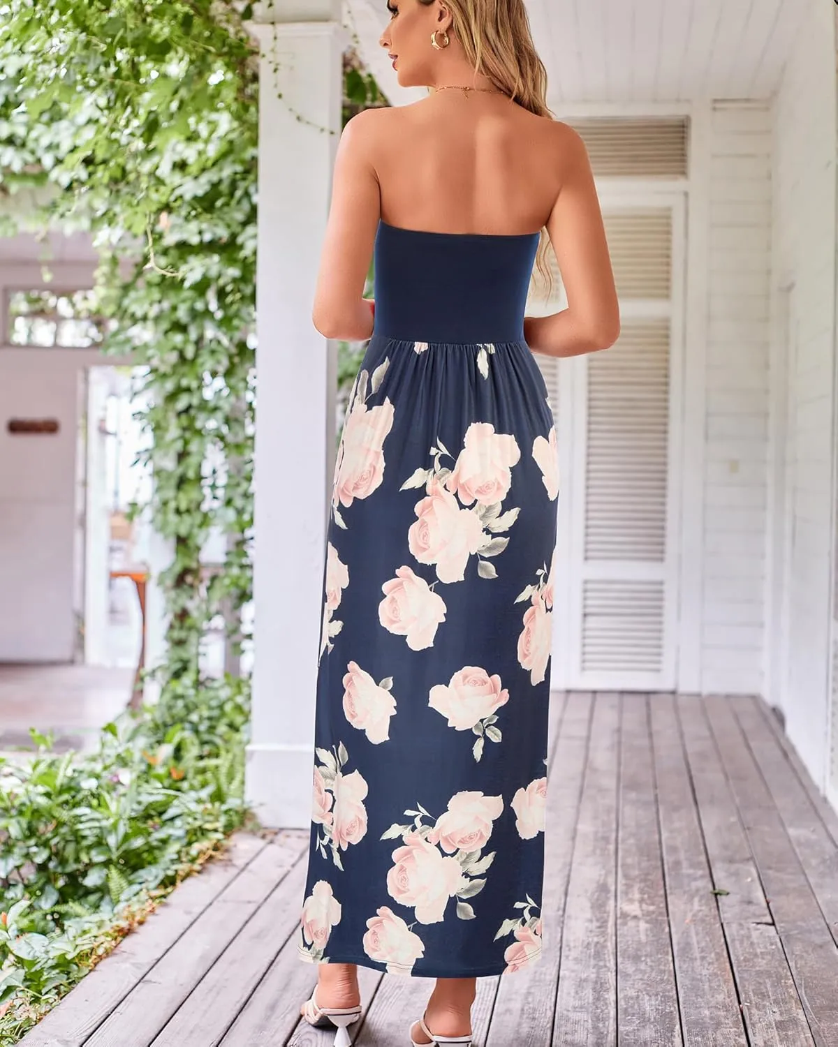 GRACE KARIN Women Strapless Casual Loose Ruched Long Maxi Dress with Pockets