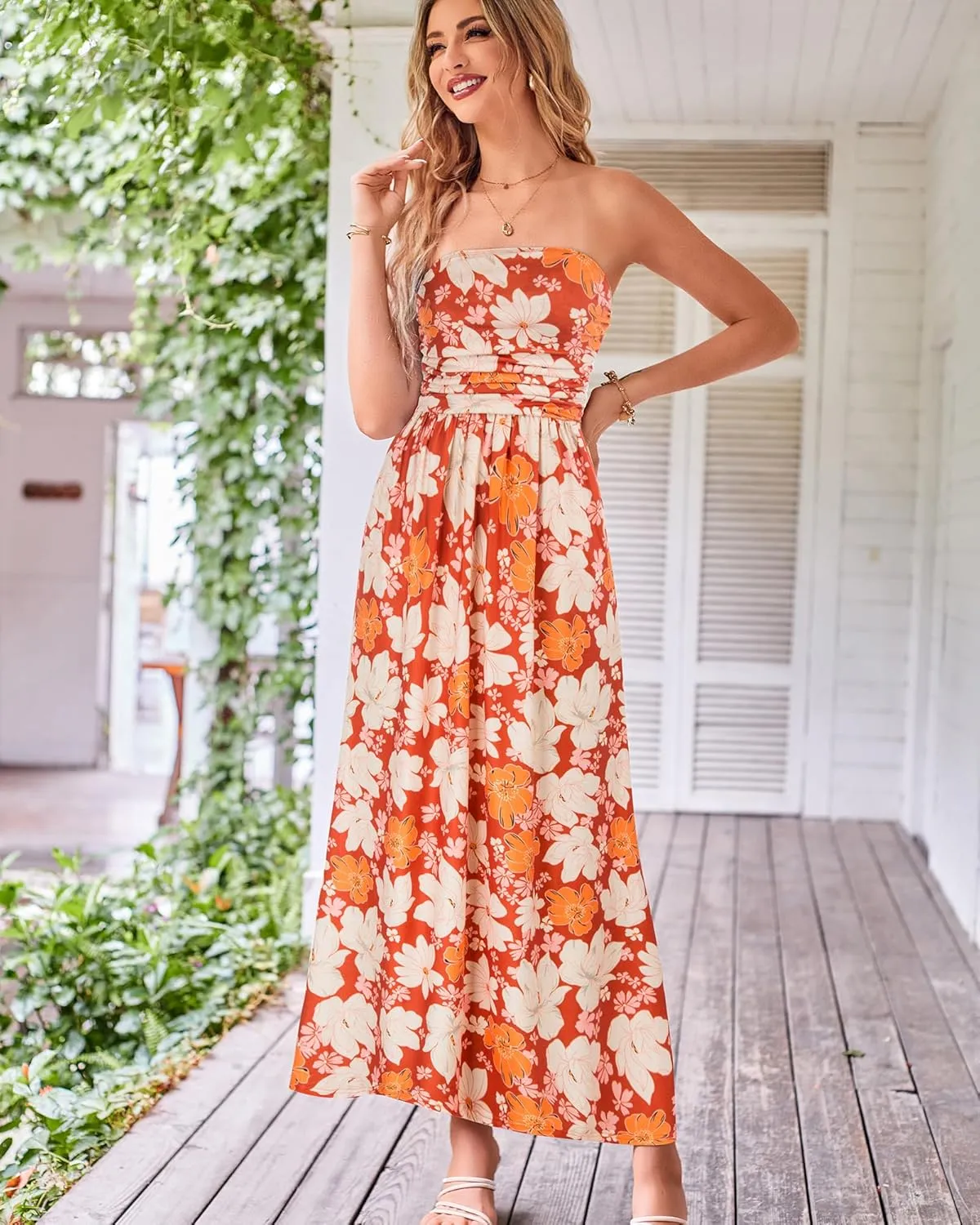 GRACE KARIN Women Strapless Casual Loose Ruched Long Maxi Dress with Pockets