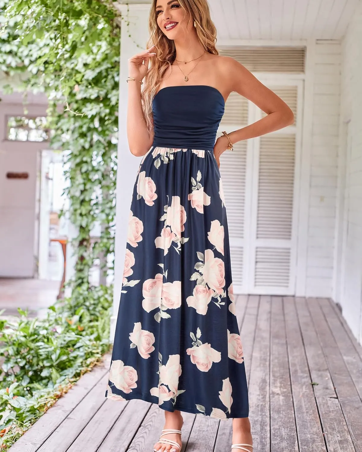 GRACE KARIN Women Strapless Casual Loose Ruched Long Maxi Dress with Pockets