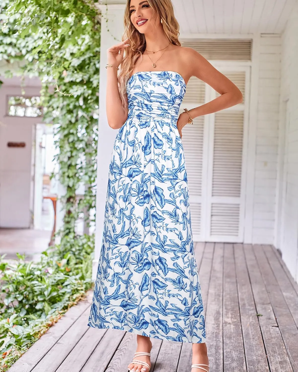 GRACE KARIN Women Strapless Casual Loose Ruched Long Maxi Dress with Pockets