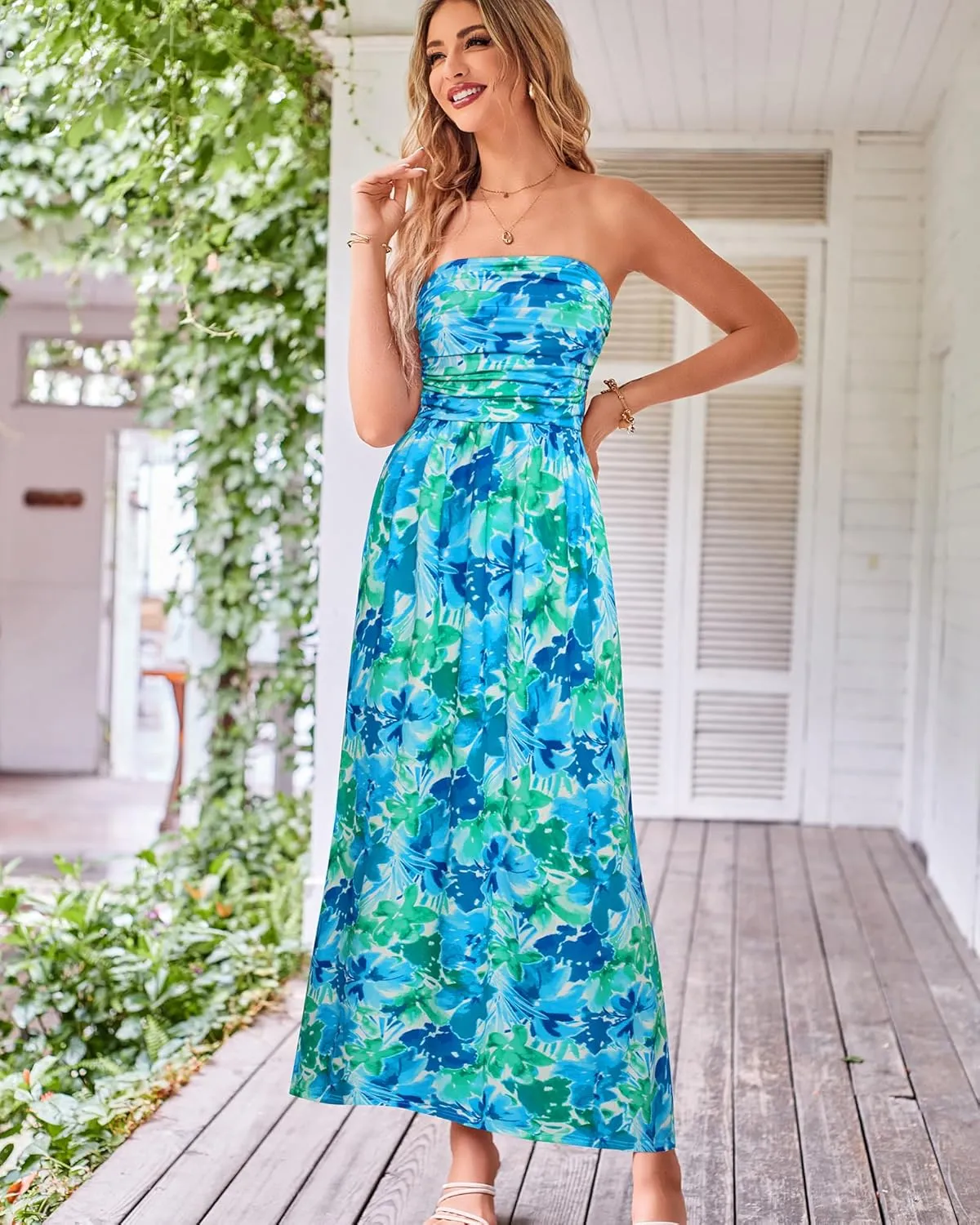 GRACE KARIN Women Strapless Casual Loose Ruched Long Maxi Dress with Pockets