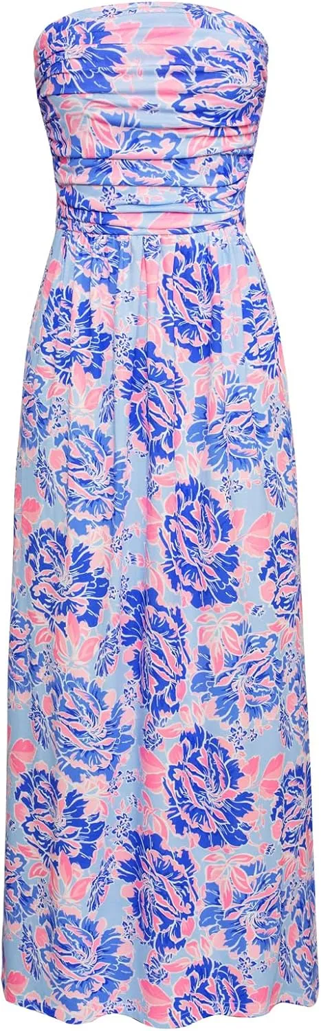 GRACE KARIN Women Strapless Casual Loose Ruched Long Maxi Dress with Pockets