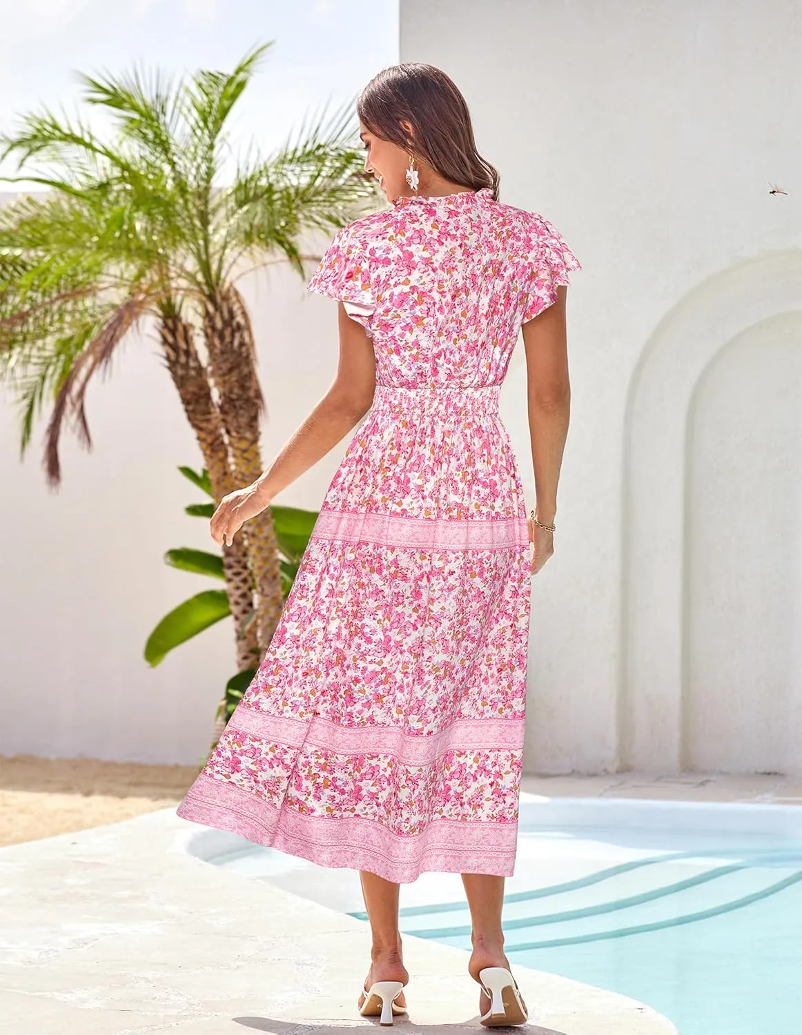 GRACE KARIN Women's Floral Boho Dress Hawaiian Dresse Short Sleeve V Neck Summer Beach Wedding Guest Swing Maxi Sundress