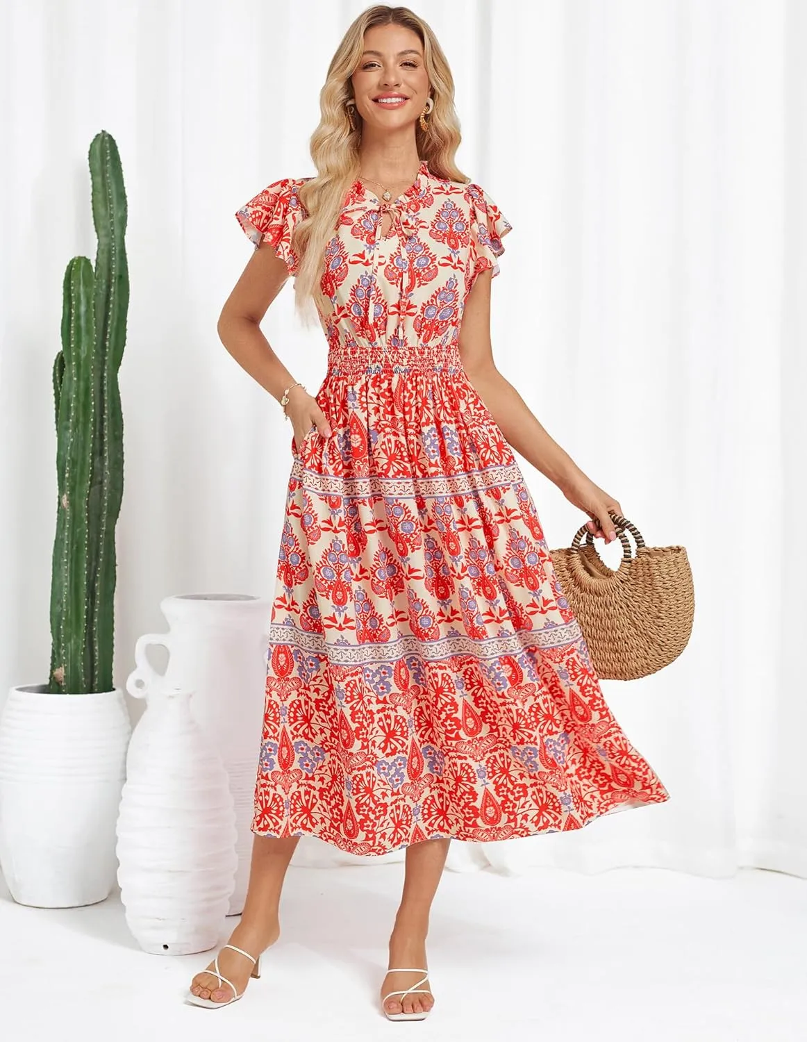 GRACE KARIN Women's Floral Boho Dress Hawaiian Dresse Short Sleeve V Neck Summer Beach Wedding Guest Swing Maxi Sundress