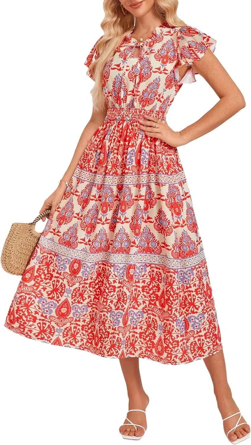 GRACE KARIN Women's Floral Boho Dress Hawaiian Dresse Short Sleeve V Neck Summer Beach Wedding Guest Swing Maxi Sundress