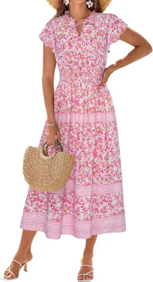 GRACE KARIN Women's Floral Boho Dress Hawaiian Dresse Short Sleeve V Neck Summer Beach Wedding Guest Swing Maxi Sundress