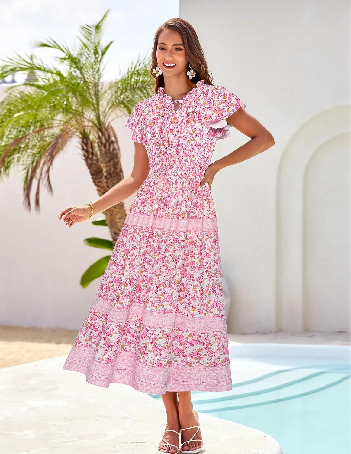 GRACE KARIN Women's Floral Boho Dress Hawaiian Dresse Short Sleeve V Neck Summer Beach Wedding Guest Swing Maxi Sundress