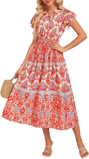 GRACE KARIN Women's Floral Boho Dress Hawaiian Dresse Short Sleeve V Neck Summer Beach Wedding Guest Swing Maxi Sundress