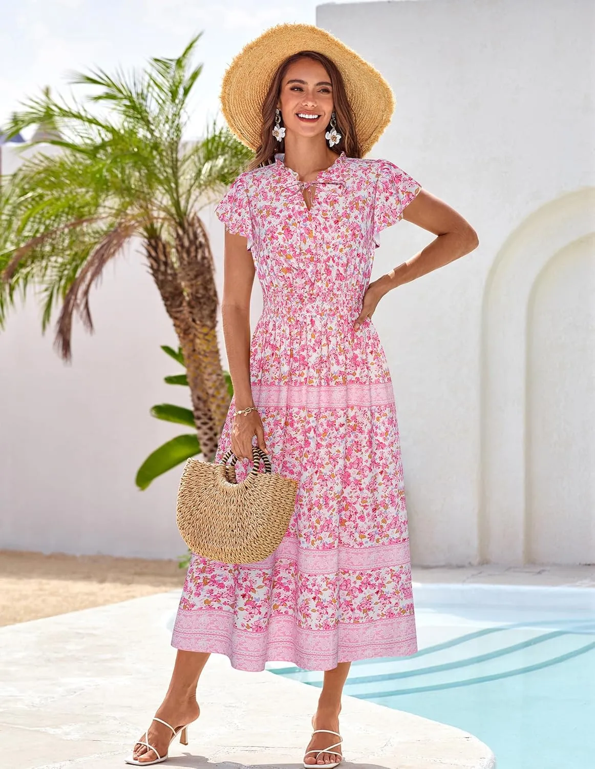 GRACE KARIN Women's Floral Boho Dress Hawaiian Dresse Short Sleeve V Neck Summer Beach Wedding Guest Swing Maxi Sundress