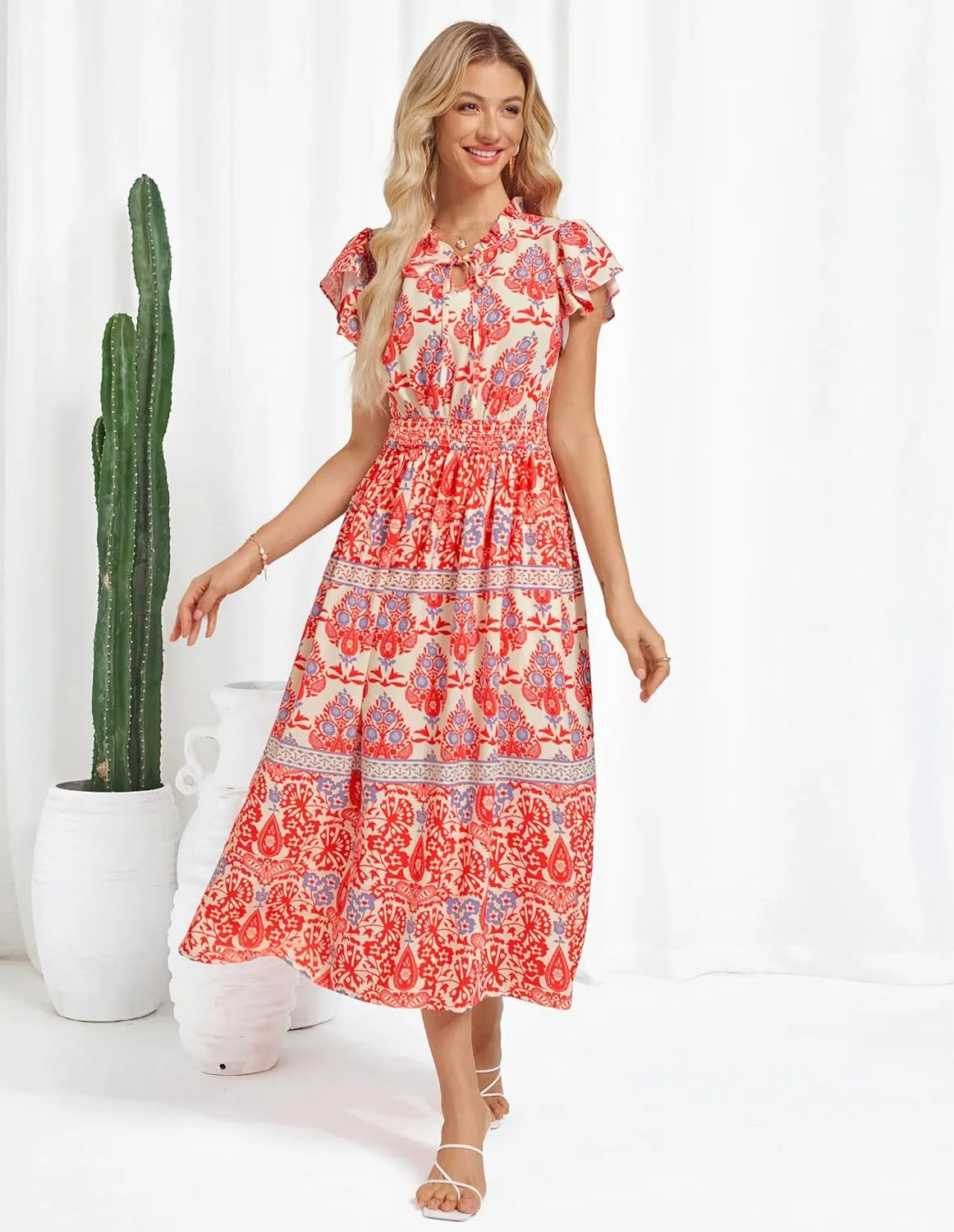 GRACE KARIN Women's Floral Boho Dress Hawaiian Dresse Short Sleeve V Neck Summer Beach Wedding Guest Swing Maxi Sundress