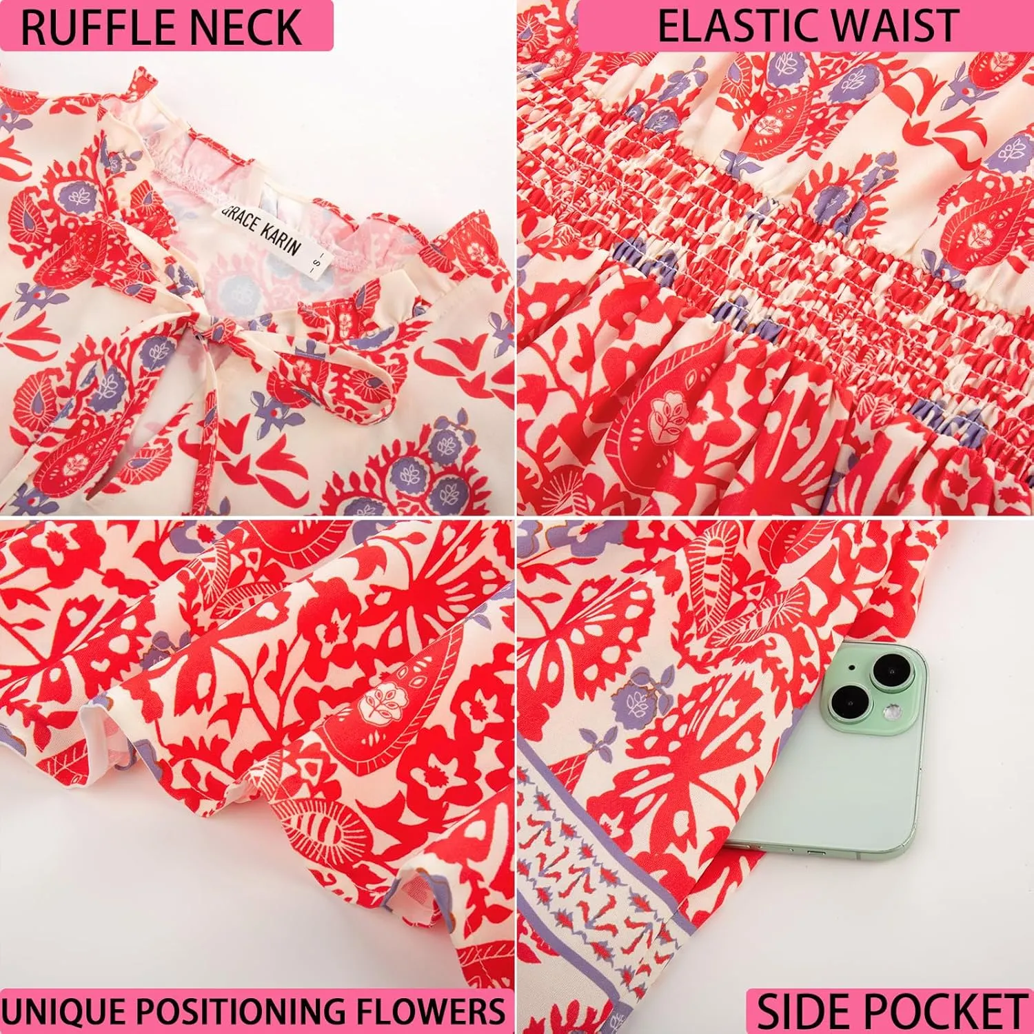GRACE KARIN Women's Floral Boho Dress Hawaiian Dresse Short Sleeve V Neck Summer Beach Wedding Guest Swing Maxi Sundress