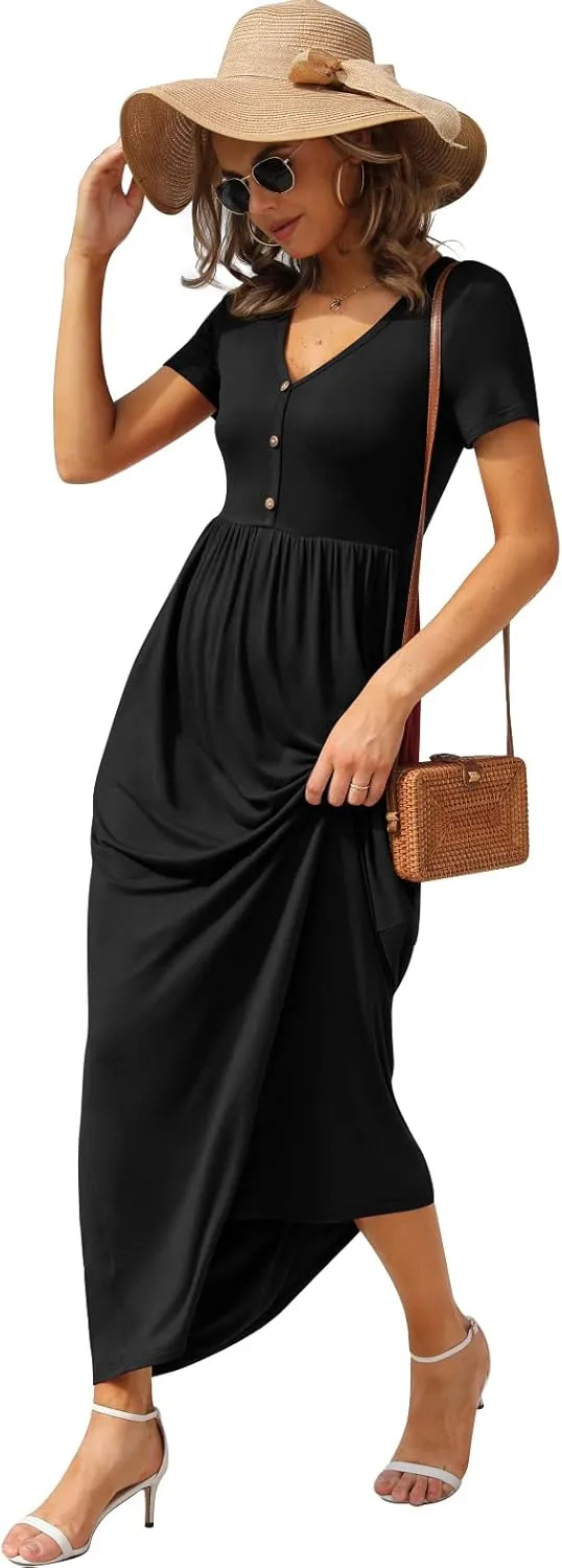 GRECERELLE Womens Long Maxi Dresses 2025 Short Sleeve V Neck Casual Summer Button Dress with Pockets