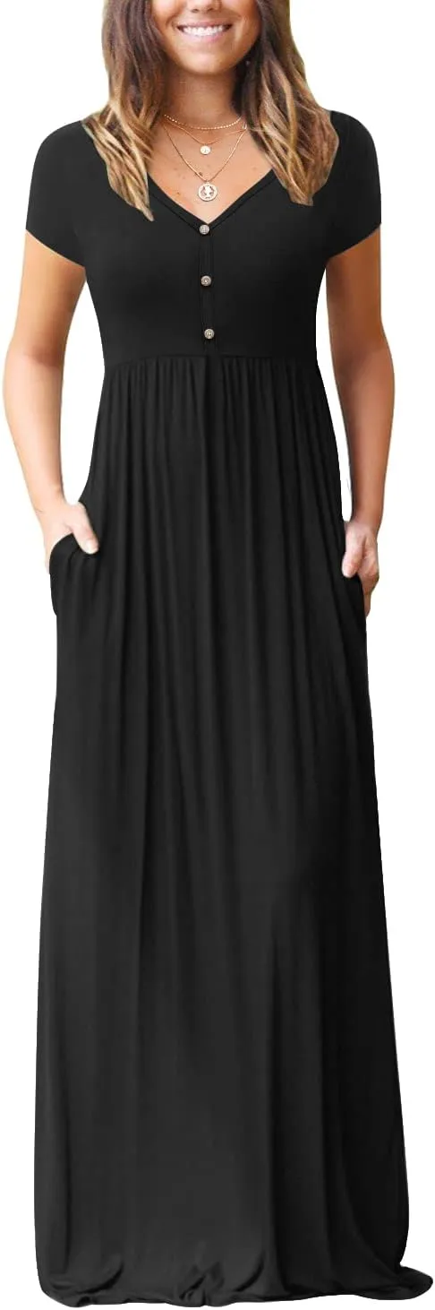 GRECERELLE Womens Long Maxi Dresses 2025 Short Sleeve V Neck Casual Summer Button Dress with Pockets