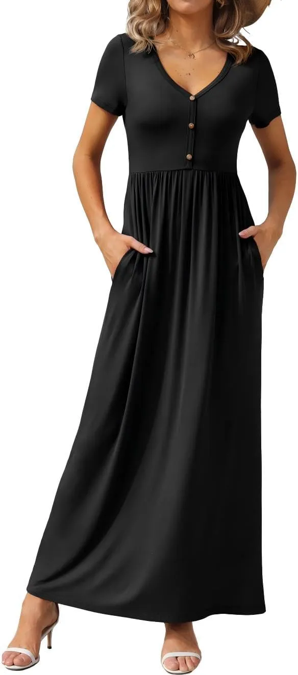 GRECERELLE Womens Long Maxi Dresses 2025 Short Sleeve V Neck Casual Summer Button Dress with Pockets