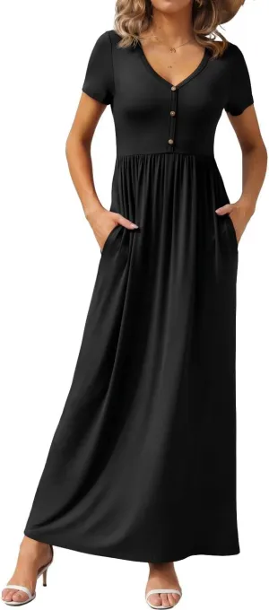 GRECERELLE Womens Long Maxi Dresses 2025 Short Sleeve V Neck Casual Summer Button Dress with Pockets