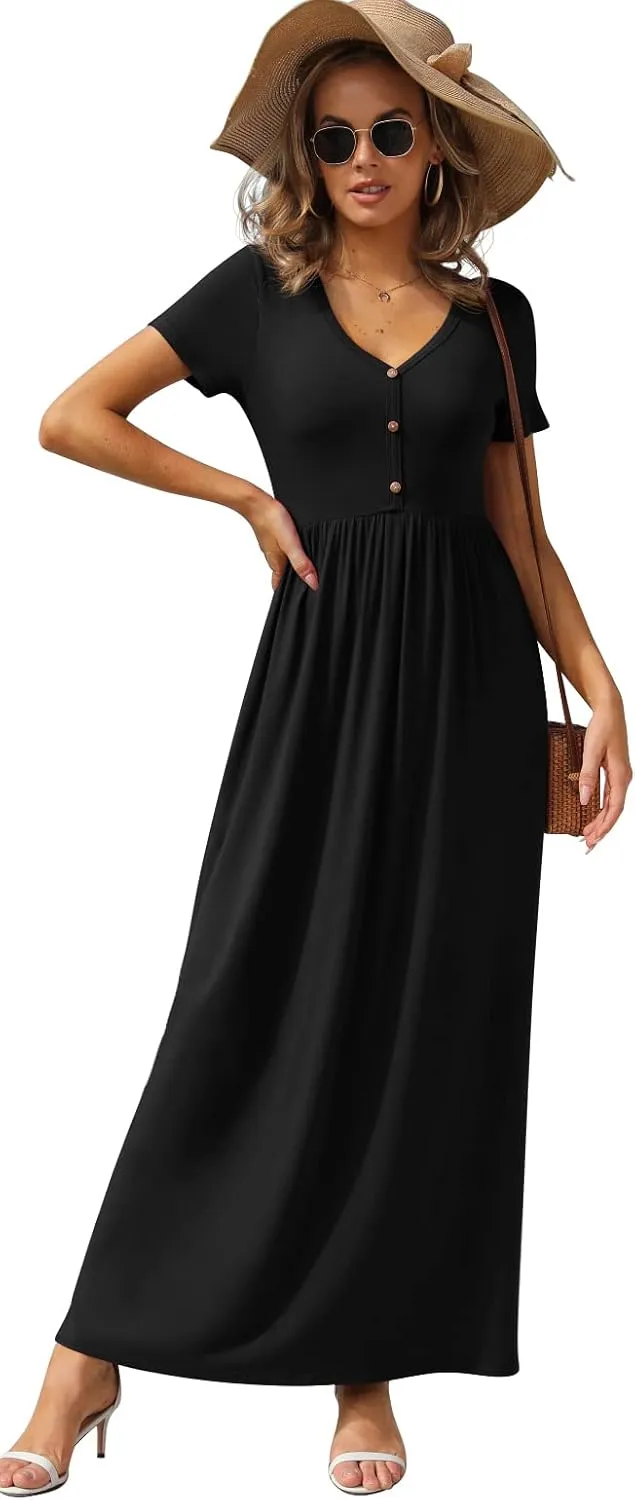 GRECERELLE Womens Long Maxi Dresses 2025 Short Sleeve V Neck Casual Summer Button Dress with Pockets