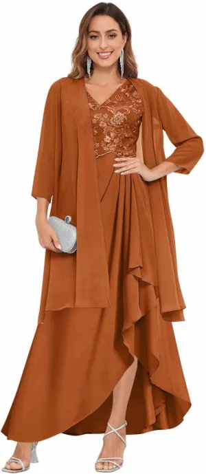 GUKARLEED 2 Pieces Mother of The Bride Dresses with Jacket for Wedding 3/4 Sleeve High Low Lace Applique Formal Evening Gown