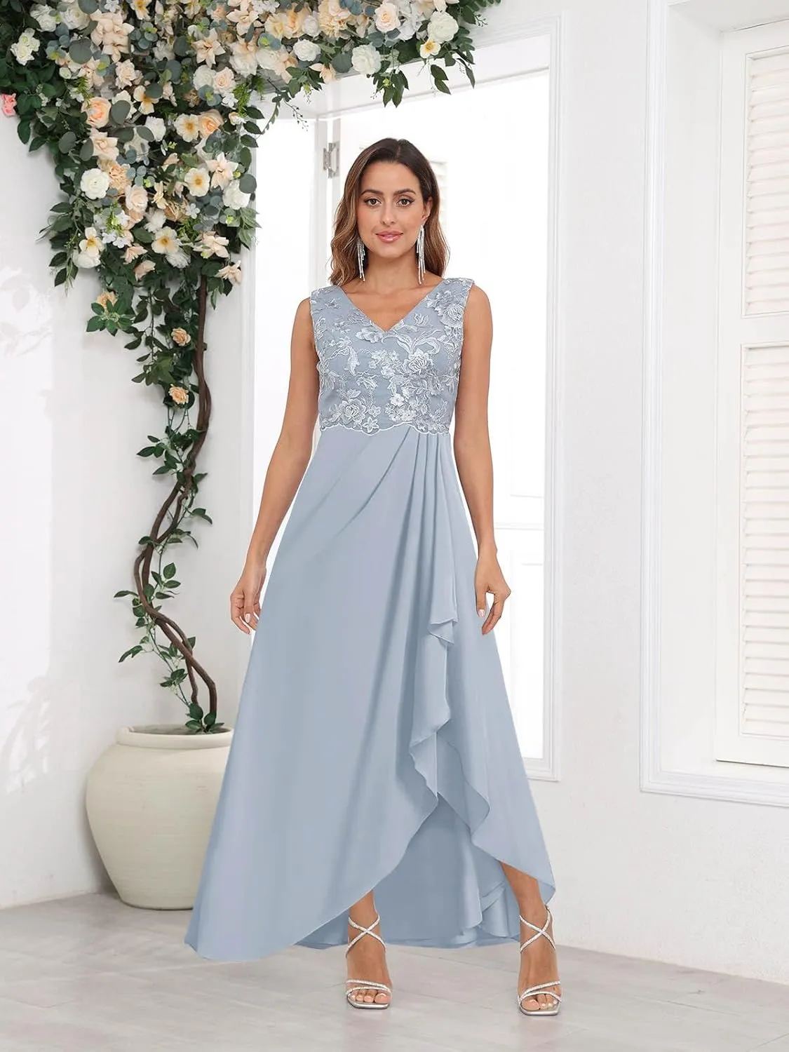 GUKARLEED 2 Pieces Mother of The Bride Dresses with Jacket for Wedding 3/4 Sleeve High Low Lace Applique Formal Evening Gown