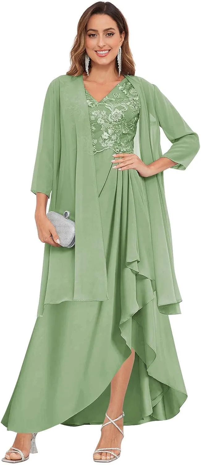 GUKARLEED 2 Pieces Mother of The Bride Dresses with Jacket for Wedding 3/4 Sleeve High Low Lace Applique Formal Evening Gown
