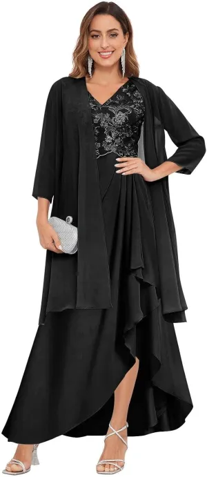 GUKARLEED 2 Pieces Mother of The Bride Dresses with Jacket for Wedding 3/4 Sleeve High Low Lace Applique Formal Evening Gown