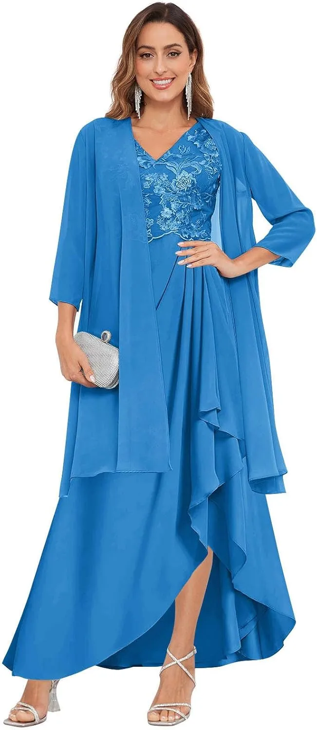 GUKARLEED 2 Pieces Mother of The Bride Dresses with Jacket for Wedding 3/4 Sleeve High Low Lace Applique Formal Evening Gown