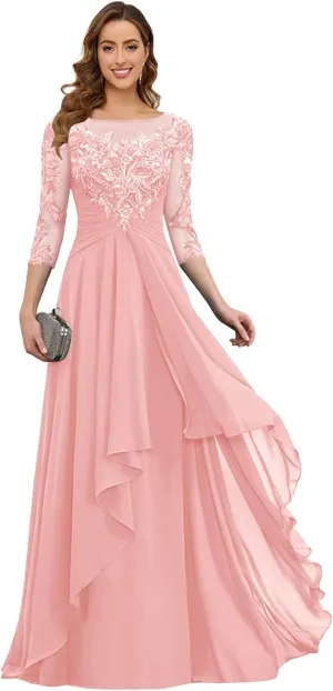 GUKARLEED 3/4 Sleeve Mother of The Bride Dresses for Women Ruffles Chiffon Long Lace Appliques Formal Wedding Guest Dress