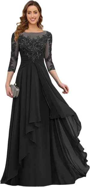 GUKARLEED 3/4 Sleeve Mother of The Bride Dresses for Women Ruffles Chiffon Long Lace Appliques Formal Wedding Guest Dress