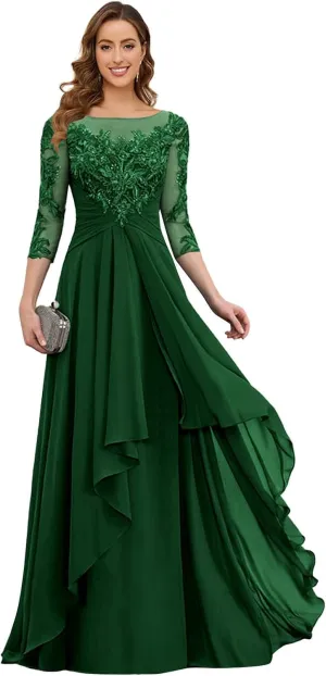 GUKARLEED 3/4 Sleeve Mother of The Bride Dresses for Women Ruffles Chiffon Long Lace Appliques Formal Wedding Guest Dress