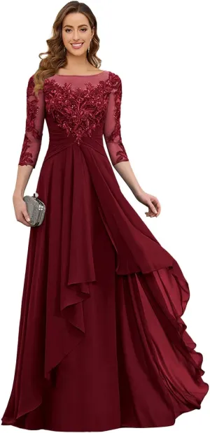 GUKARLEED 3/4 Sleeve Mother of The Bride Dresses for Women Ruffles Chiffon Long Lace Appliques Formal Wedding Guest Dress