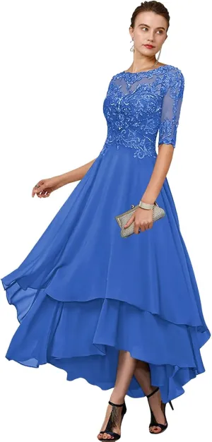 GUKARLEED Women's 1/2 Sleeve Mother of The Bride Dresses Layered Chiffon Formal Dress A-line Lace Hi Lo Wedding Guest Gowns