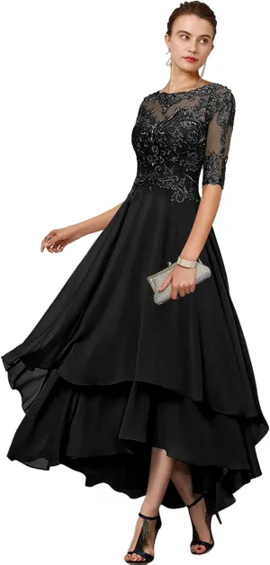 GUKARLEED Women's 1/2 Sleeve Mother of The Bride Dresses Layered Chiffon Formal Dress A-line Lace Hi Lo Wedding Guest Gowns