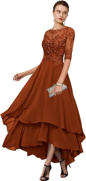 GUKARLEED Women's 1/2 Sleeve Mother of The Bride Dresses Layered Chiffon Formal Dress A-line Lace Hi Lo Wedding Guest Gowns