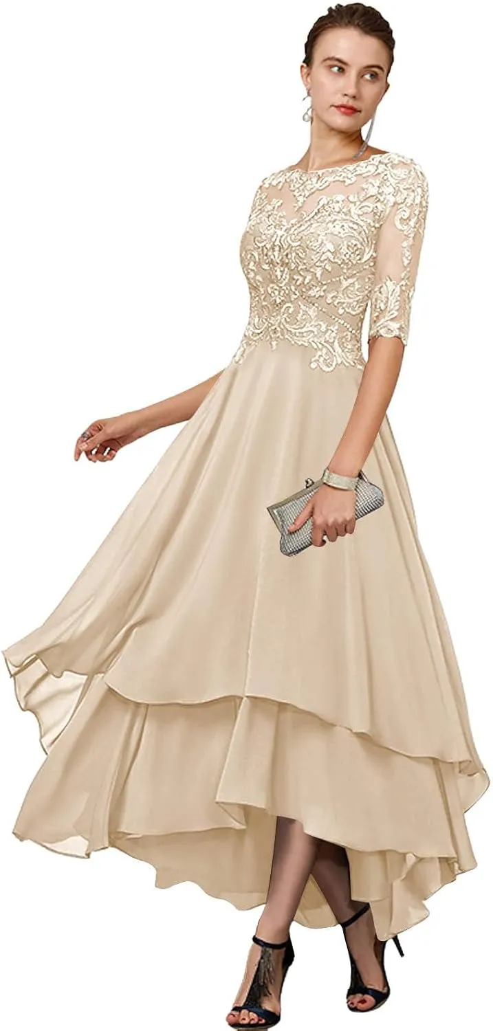 GUKARLEED Women's 1/2 Sleeve Mother of The Bride Dresses Layered Chiffon Formal Dress A-line Lace Hi Lo Wedding Guest Gowns