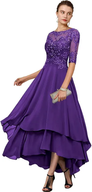 GUKARLEED Women's 1/2 Sleeve Mother of The Bride Dresses Layered Chiffon Formal Dress A-line Lace Hi Lo Wedding Guest Gowns