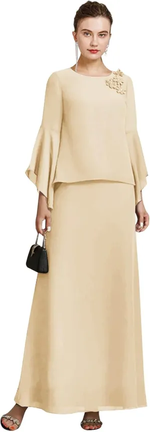 GUKARLEED Womens Long Ruffle Sleeve Mother of The Bride Dresses 2 Pieces Scoop Neck Formal Dress Chiffon Wedding Guest Dress