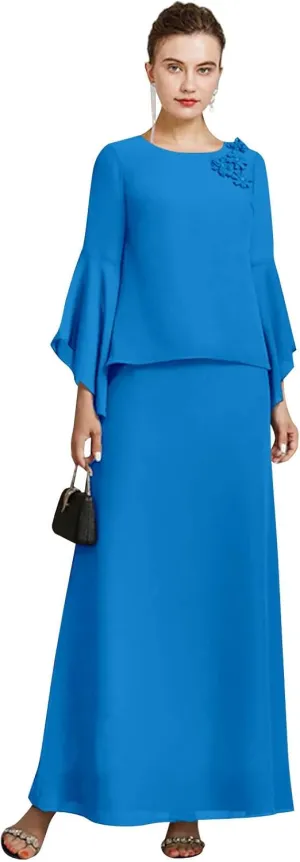 GUKARLEED Womens Long Ruffle Sleeve Mother of The Bride Dresses 2 Pieces Scoop Neck Formal Dress Chiffon Wedding Guest Dress