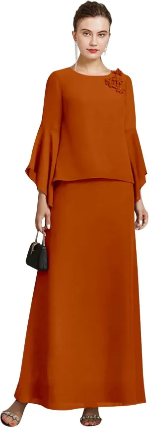 GUKARLEED Womens Long Ruffle Sleeve Mother of The Bride Dresses 2 Pieces Scoop Neck Formal Dress Chiffon Wedding Guest Dress