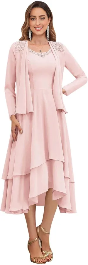 GUKARLEED Women's Long Sleeve Mother of The Bride Dresses with Jacket Lace Appliques Tiered V Neck Formal Wedding Guest Dress