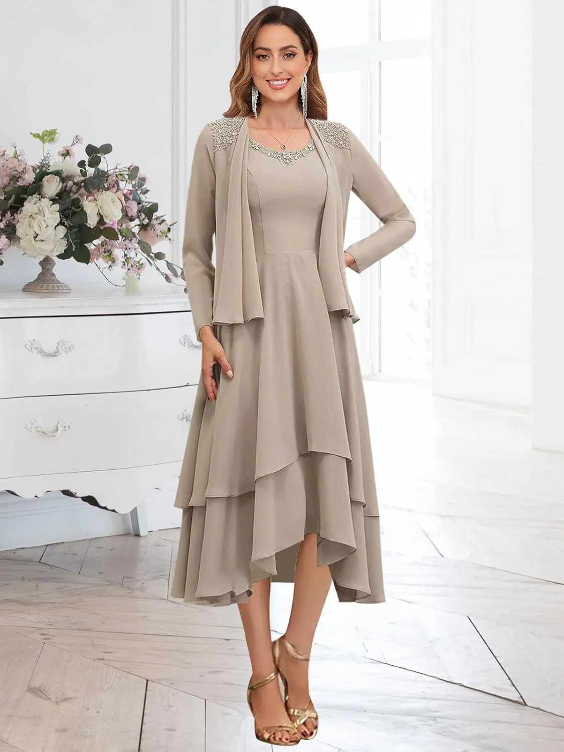 GUKARLEED Women's Long Sleeve Mother of The Bride Dresses with Jacket Lace Appliques Tiered V Neck Formal Wedding Guest Dress