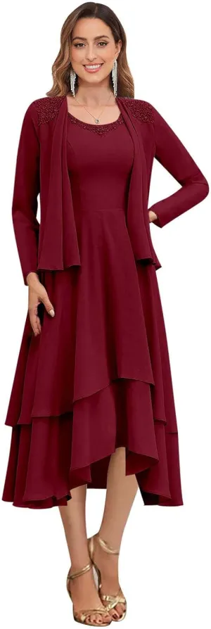 GUKARLEED Women's Long Sleeve Mother of The Bride Dresses with Jacket Lace Appliques Tiered V Neck Formal Wedding Guest Dress