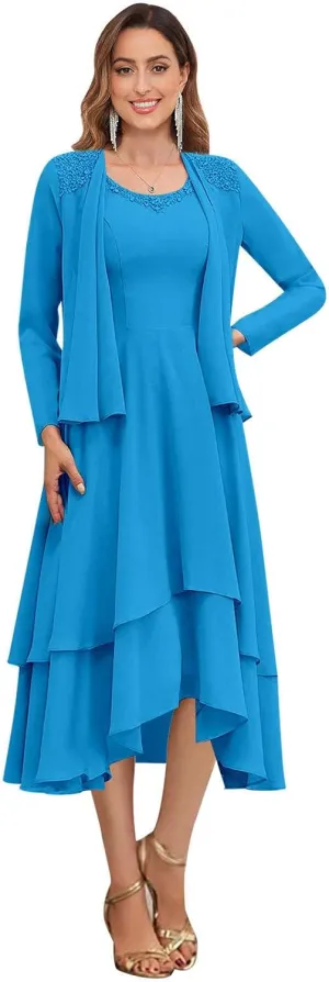 GUKARLEED Women's Long Sleeve Mother of The Bride Dresses with Jacket Lace Appliques Tiered V Neck Formal Wedding Guest Dress