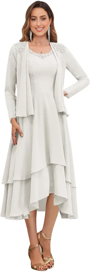 GUKARLEED Women's Long Sleeve Mother of The Bride Dresses with Jacket Lace Appliques Tiered V Neck Formal Wedding Guest Dress