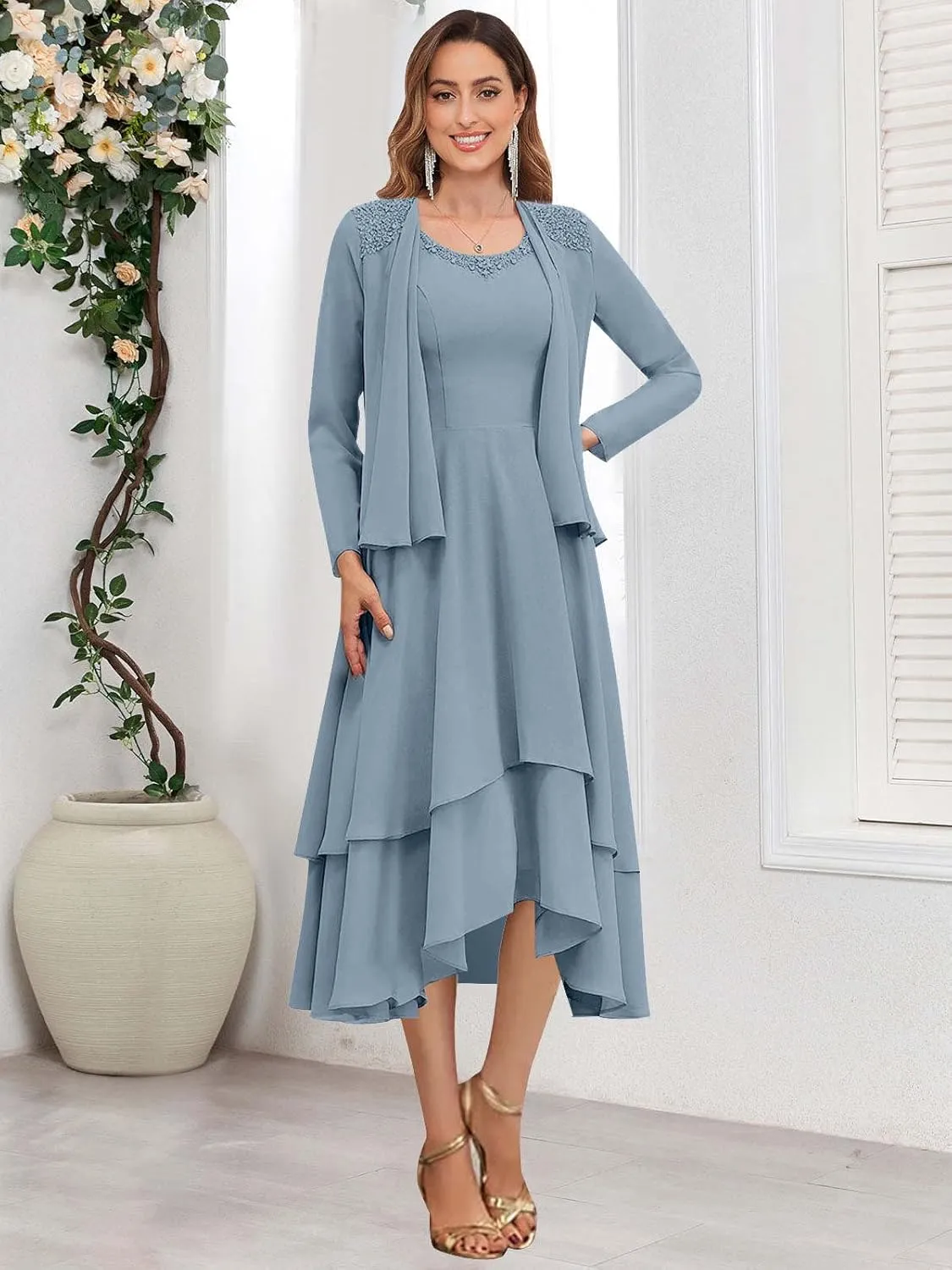 GUKARLEED Women's Long Sleeve Mother of The Bride Dresses with Jacket Lace Appliques Tiered V Neck Formal Wedding Guest Dress